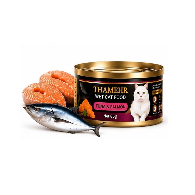 کنسرو نچرال گربه تایمهر THAIMEHR WET CAT FOOD طعم ماهی تن و سالمون در سس گروی 85 گرم