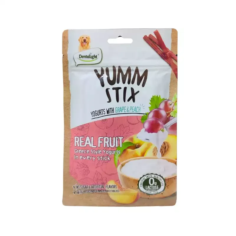 تشویقی سگ دنتالایت مدل اسنک میوه ای نرم YUMM STIX REAL FRUIT طعم انگور و هلو و ماست یونانی وزن 70 گرم