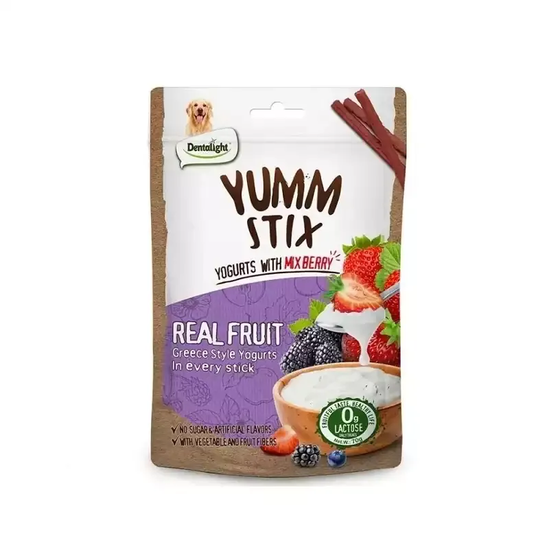 تشویقی سگ دنتالایت مدل اسنک میوه ای نرم YUMM STIX REAL FRUIT طعم بلوبری و توت فرنگی و ماست یونانی وزن 70 گرم