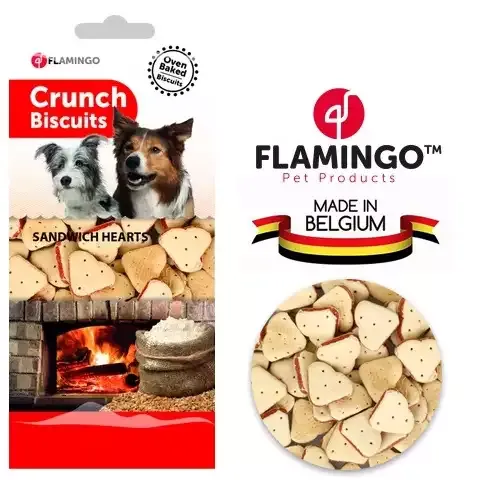 تشويقي بيسكوييت سگ فلامينگو مدل ساندويچ قلبي Crunch Biscuits وزن 500 گرم
