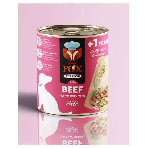 كنسرو غذاي سگ فاکس مدل Beef fillets with tripe طعم بيف و سيرابي وزن 800 گرم