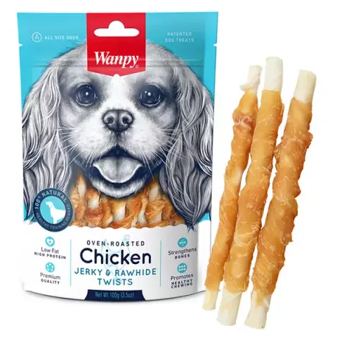 تشویقی سگ ونپی میله فلورایدی دورپیچ مرغ Chicken Jerky & Rawhide Twists وزن 100 گرم